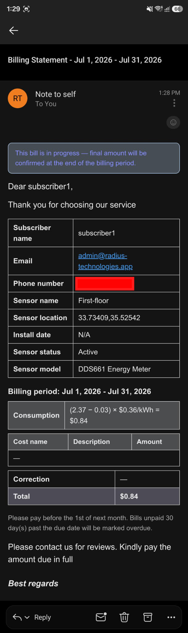Billing statement email