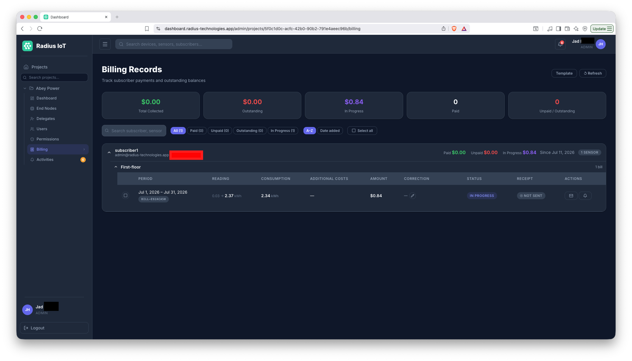 Billing management in the dashboard