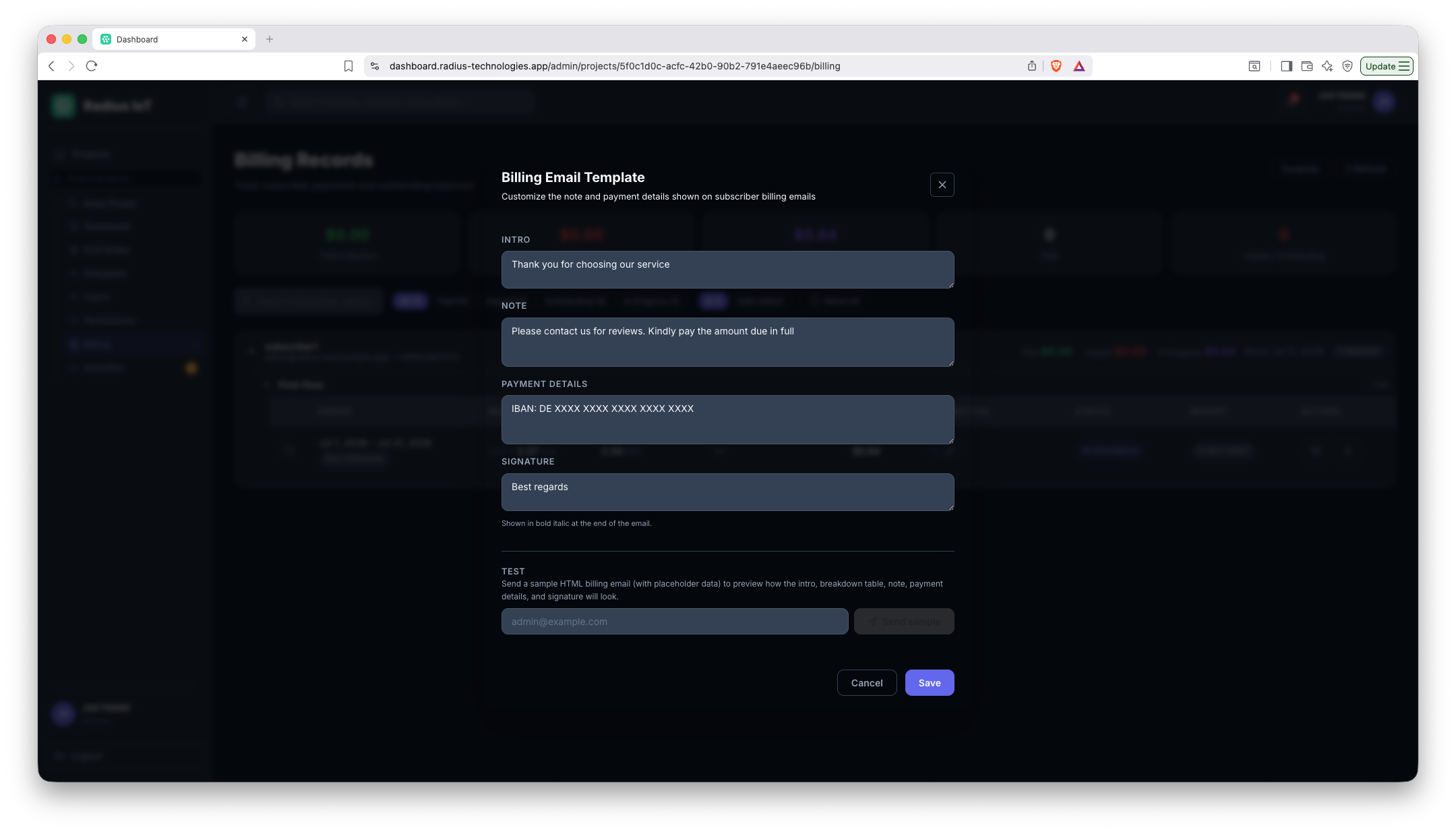 Billing email template editor
