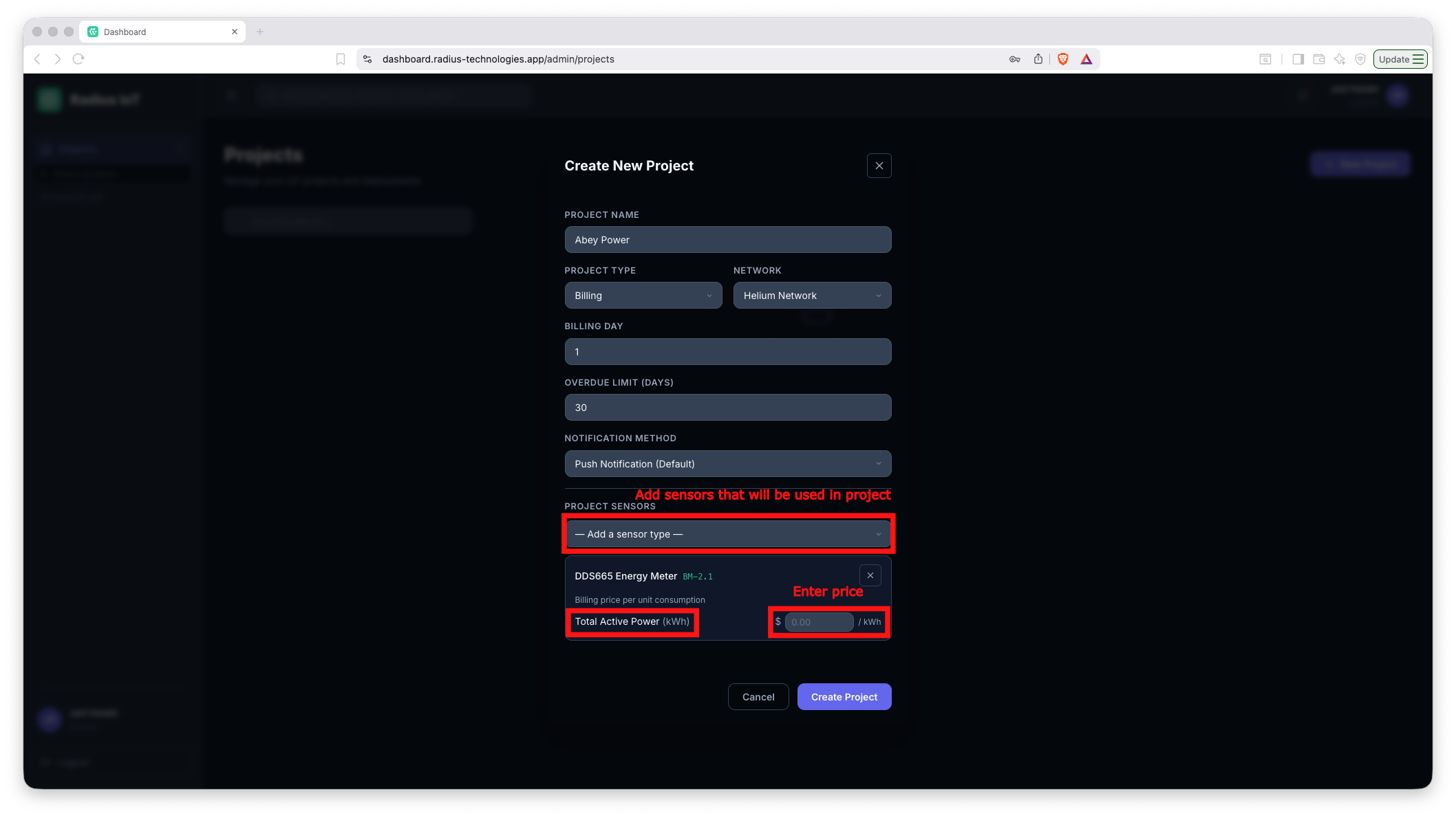 Create a new project form