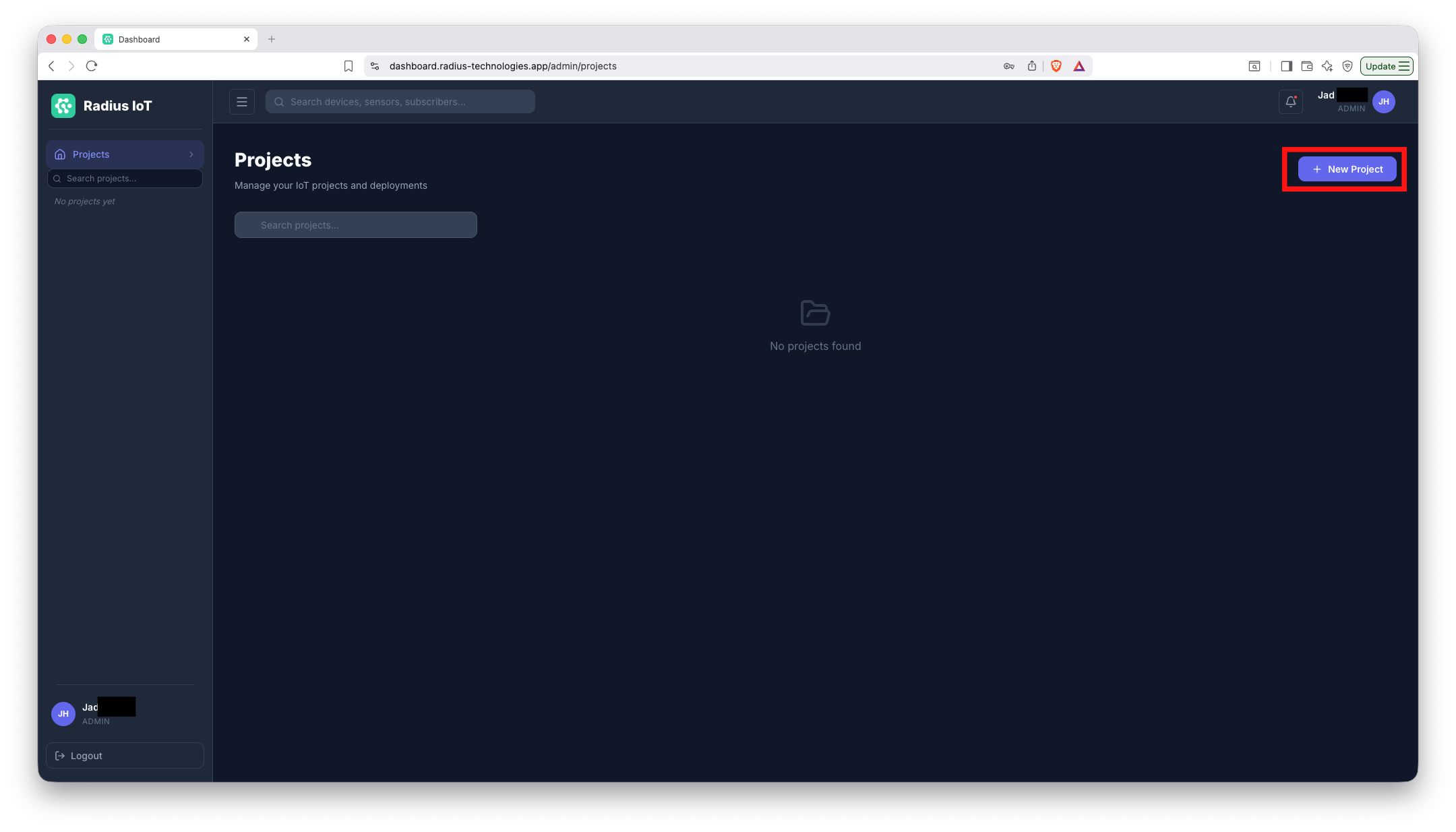 Projects page with no projects yet