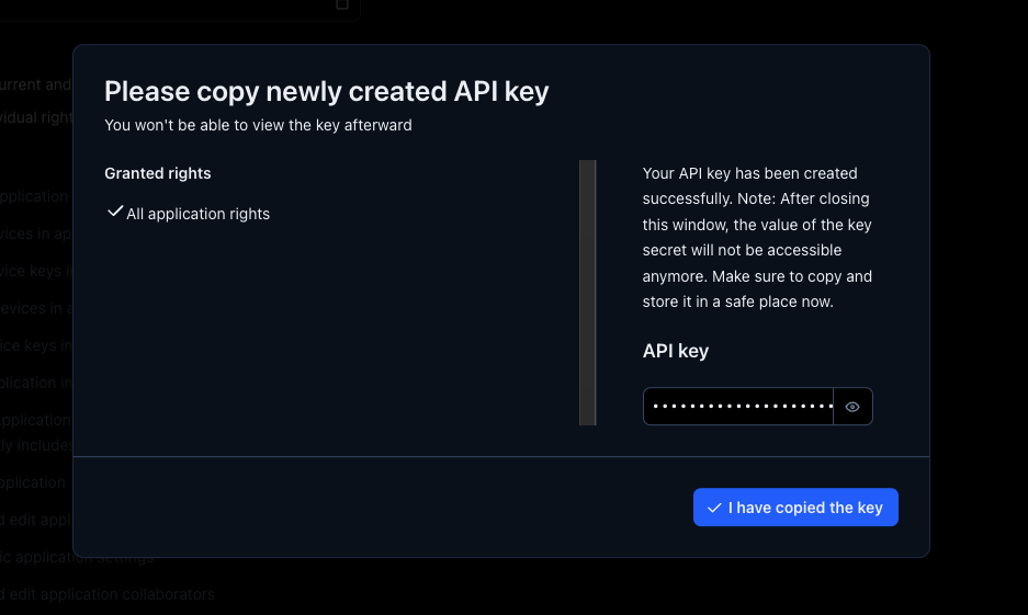 Copy the newly created TTN API key