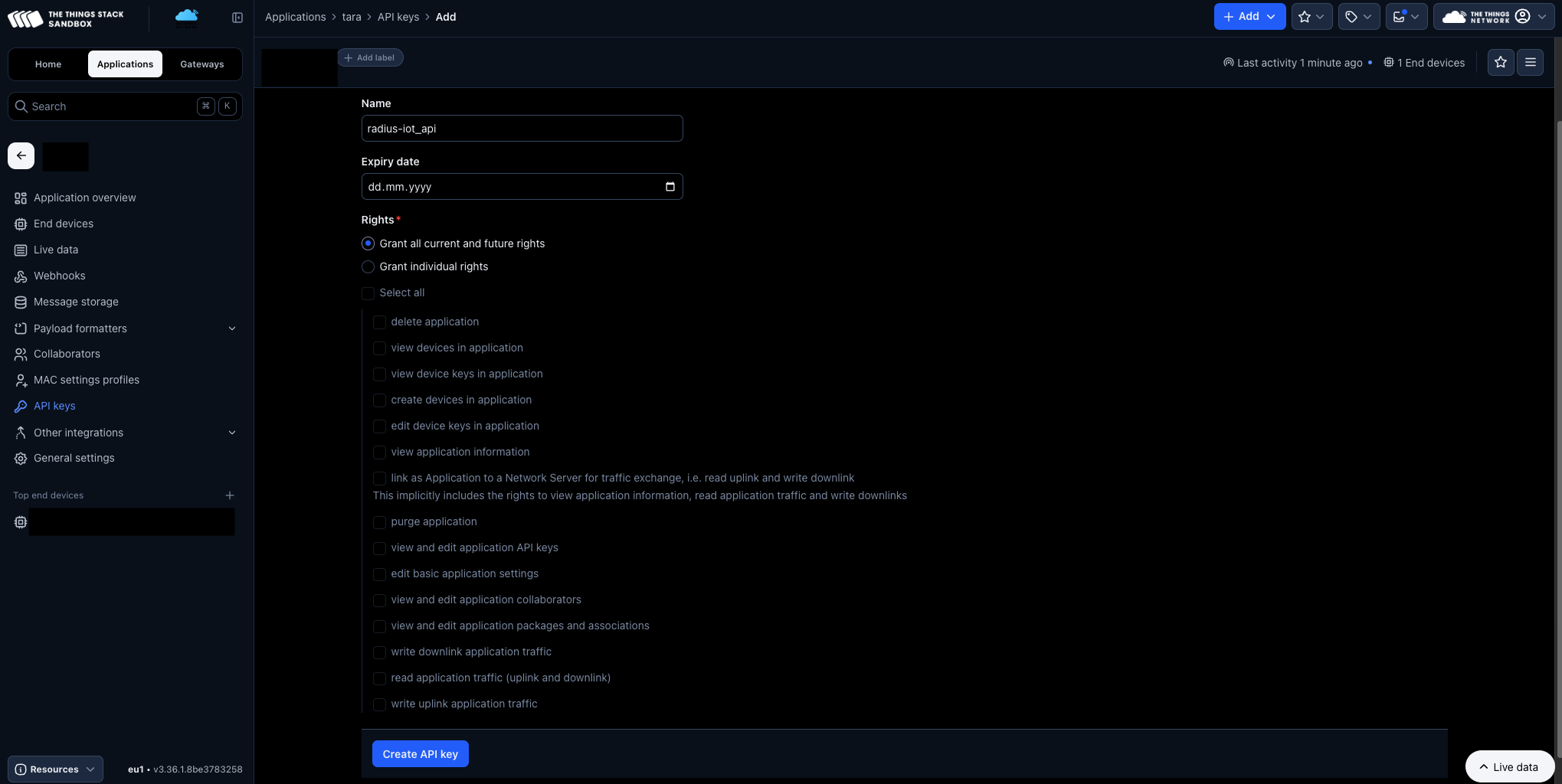 Create an API key for the TTN application