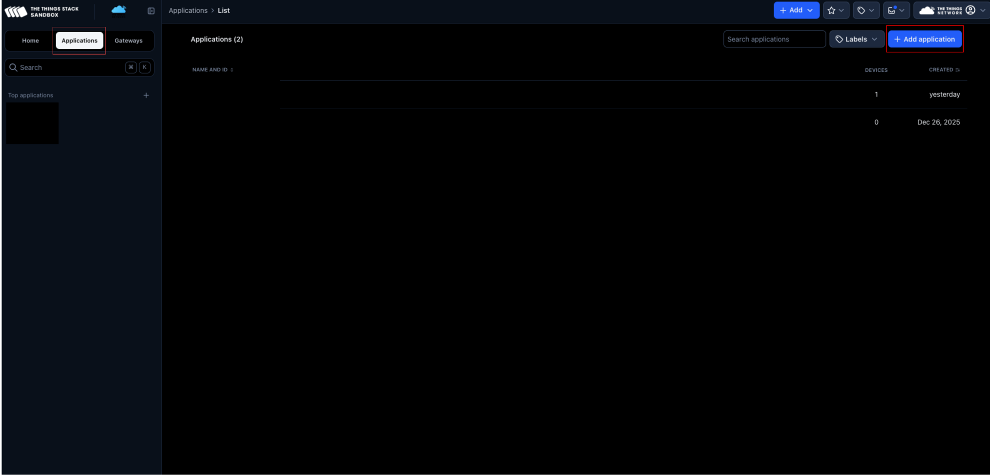 Create a new application on The Things Network