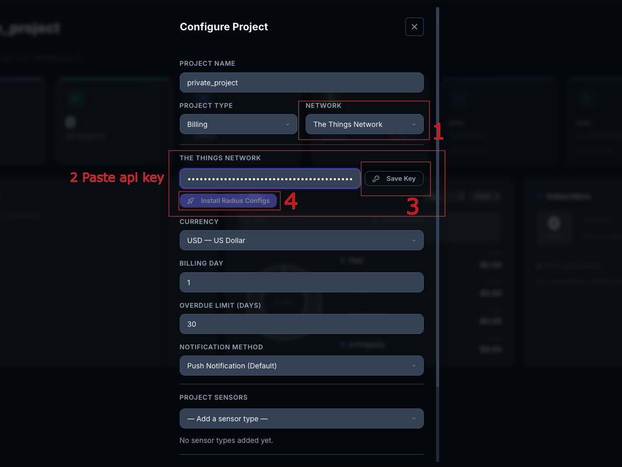 Configure a private network project in the Radius IoT dashboard