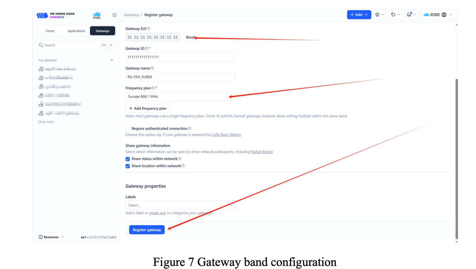 Gateway frequency plan configuration on The Things Network, from the gateway's datasheet