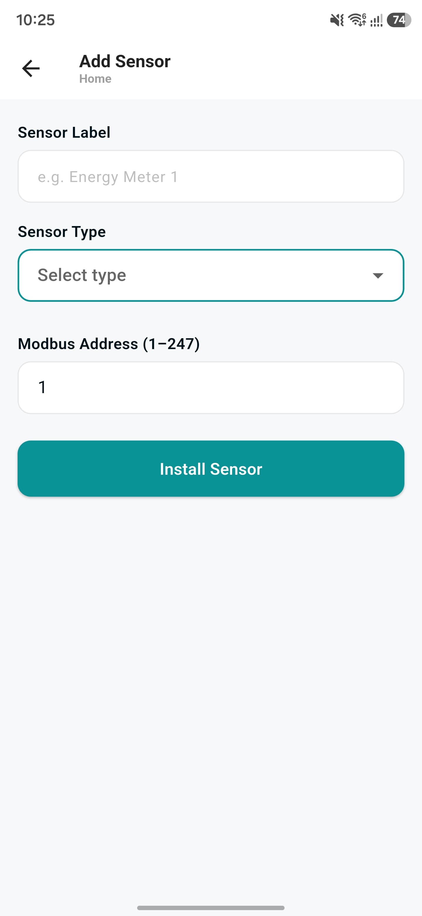 Fill in the sensor label, type, and Modbus address