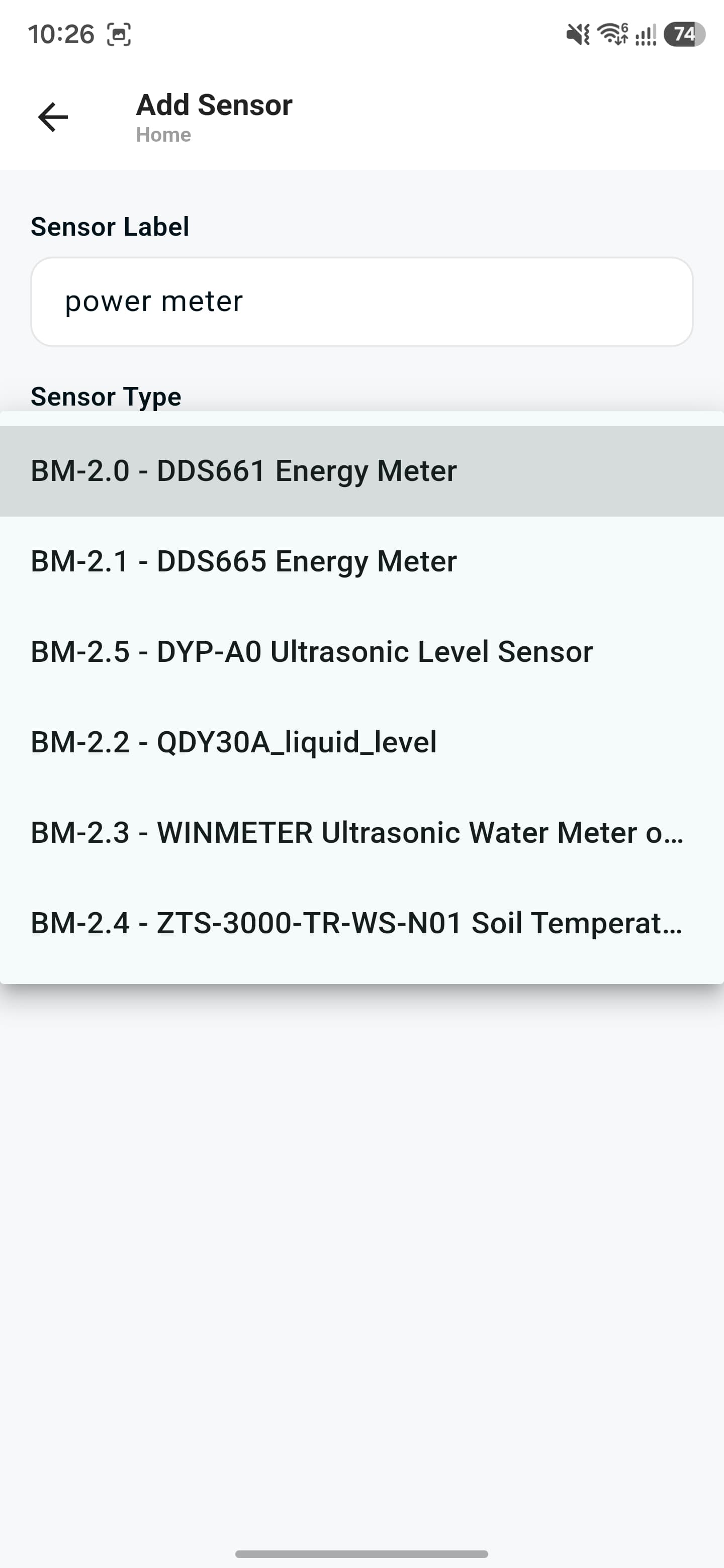 Choose the sensor type from the list