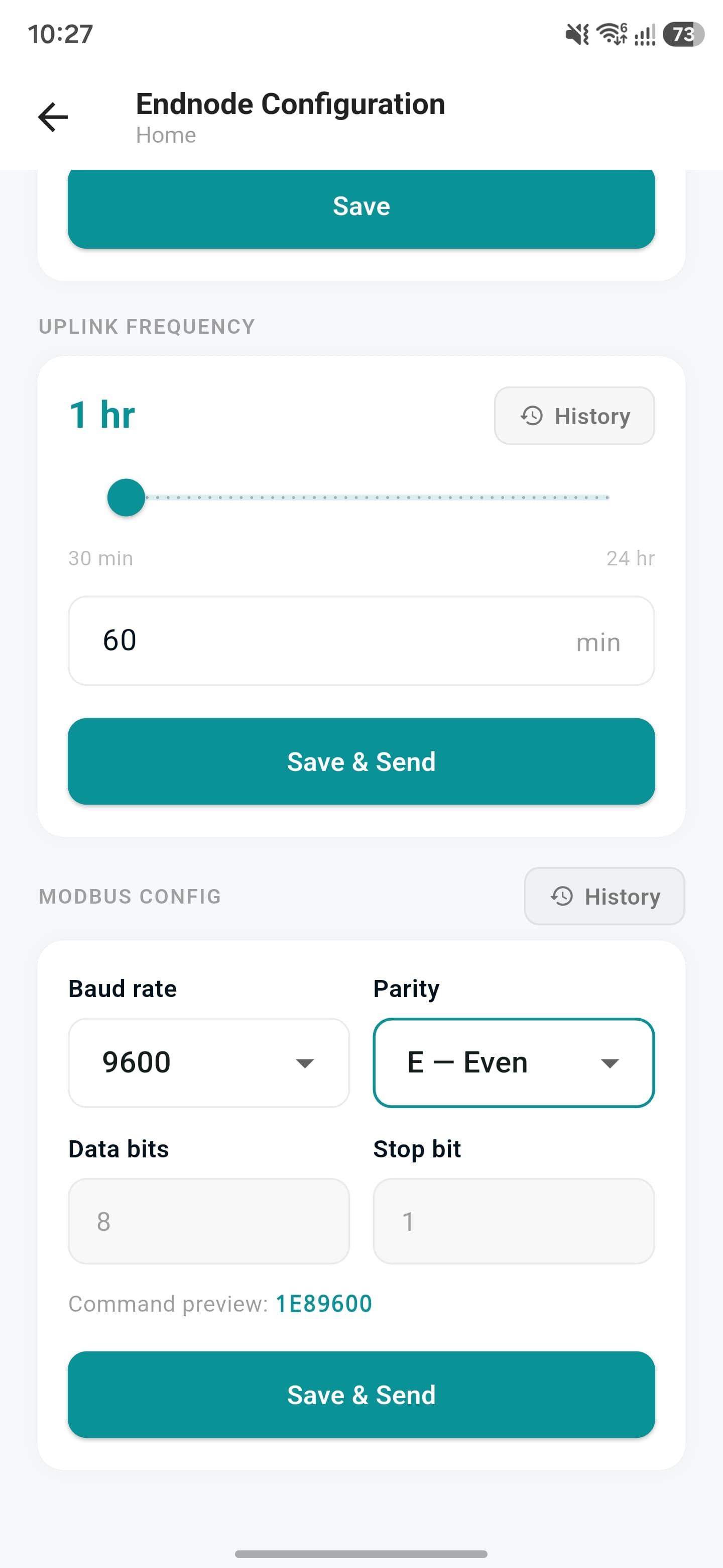 Set uplink frequency and Modbus config