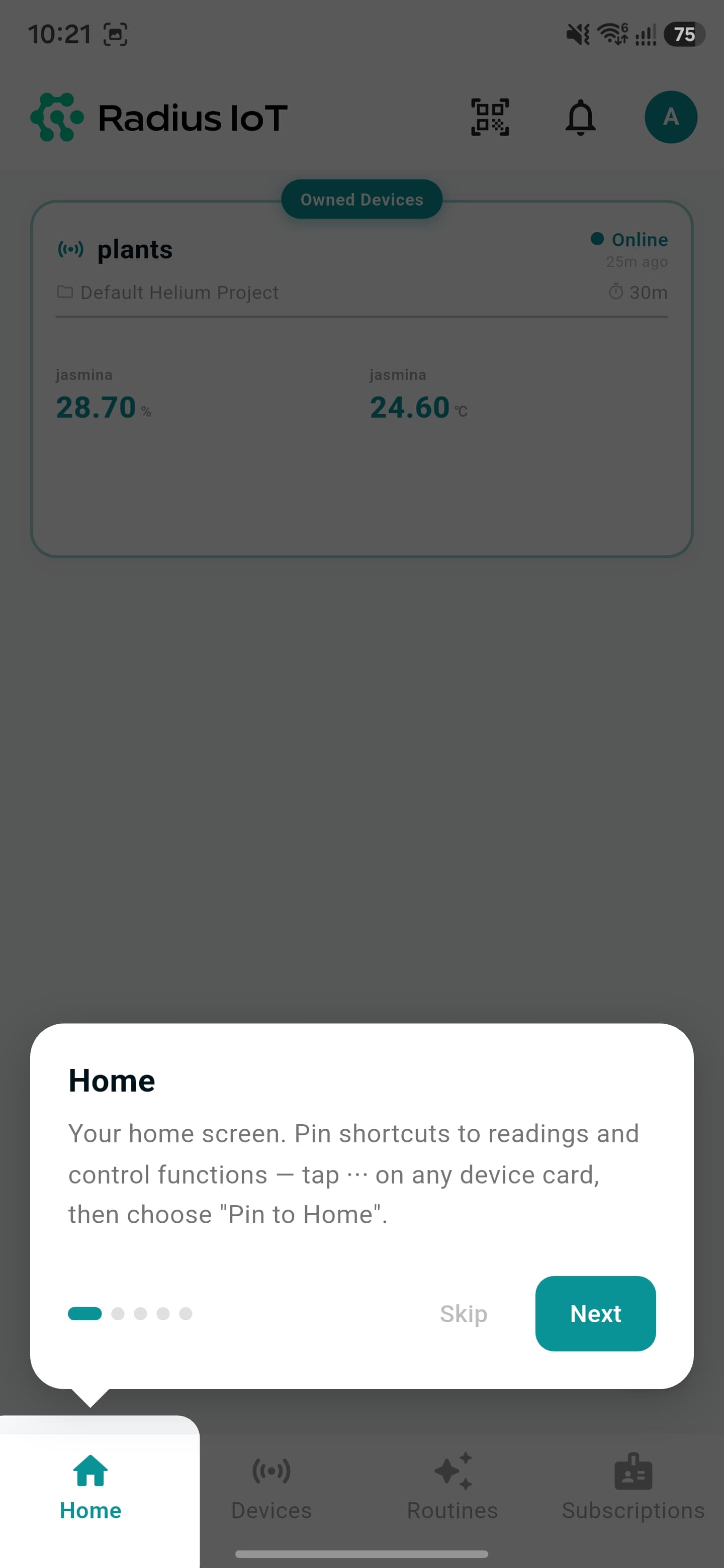 Radius IoT home screen onboarding tour