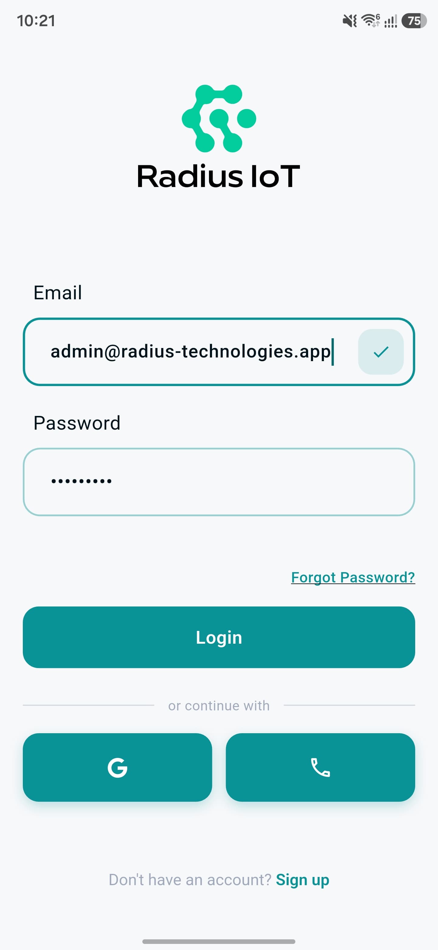 Radius IoT login screen